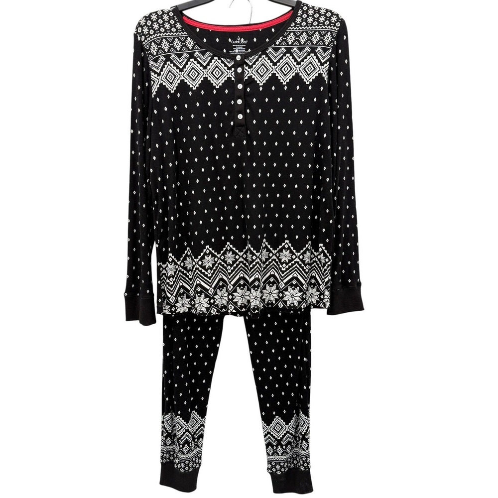 Cuddl Duds Pajama Set Women M NWOT Fair Isle Nordic Cozy Stretch Lounge PJ Black